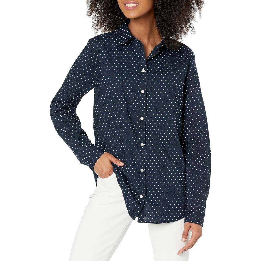image:imageAmazon Essentials Womens RegularFit LongSleeve ButtonDown Cotton Poplin Shirt Business CasualNavy White Dots