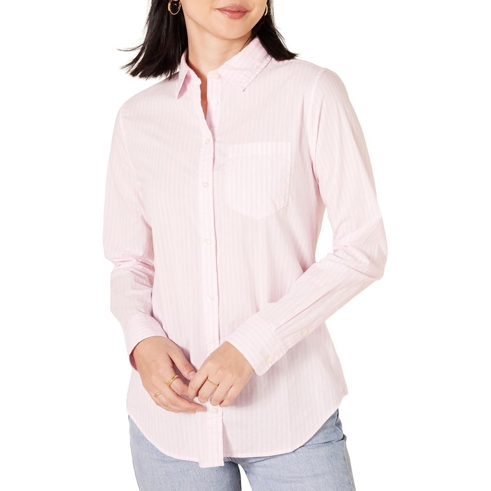 image:imageAmazon Essentials Womens RegularFit LongSleeve ButtonDown Cotton Poplin Shirt Business CasualPink Stripe