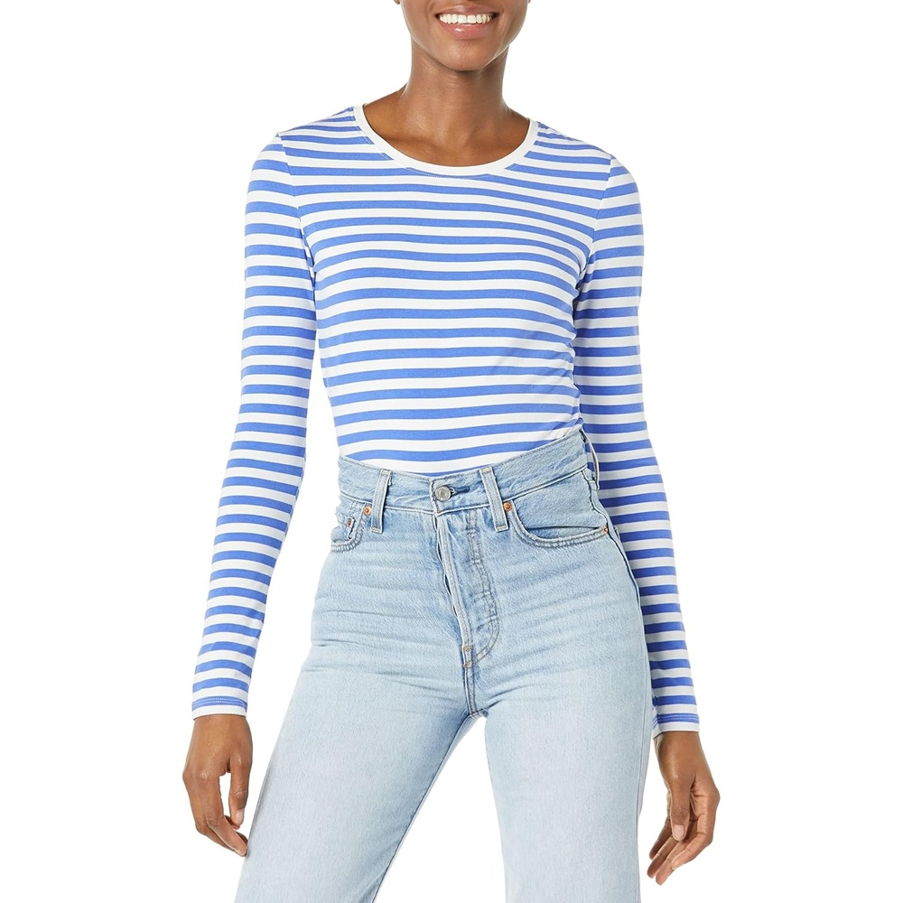 image:imageAmazon Essentials Womens RegularFit LongSleeve Crewneck TShirt Available in Plus SizeBlue White Stripe