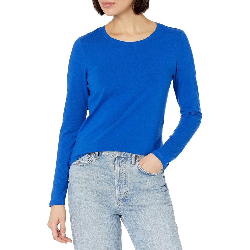 image:imageAmazon Essentials Womens RegularFit LongSleeve Crewneck TShirt Available in Plus SizeBright Blue