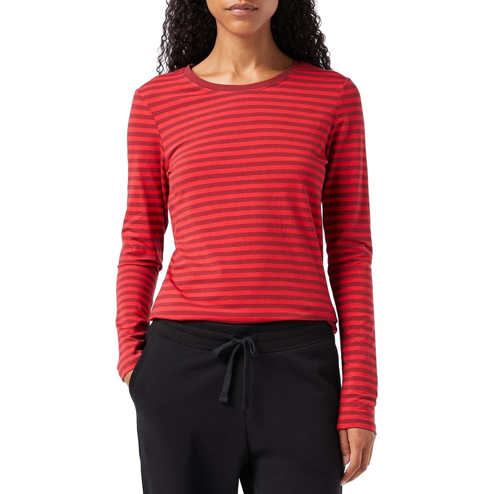 image:imageAmazon Essentials Womens RegularFit LongSleeve Crewneck TShirt Available in Plus SizeBurgundy Red Stripe