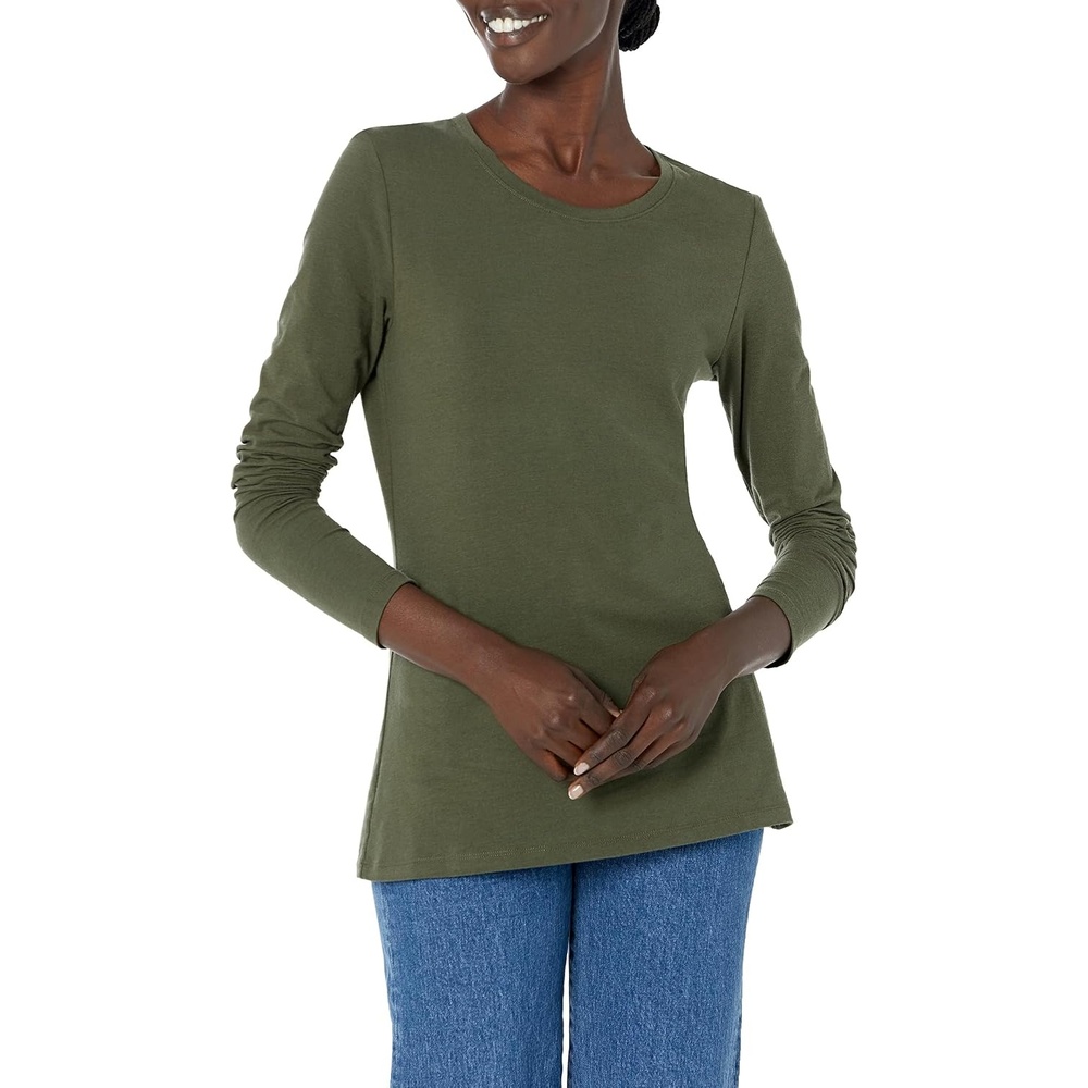 image:imageAmazon Essentials Womens RegularFit LongSleeve Crewneck TShirt Available in Plus SizeOlive