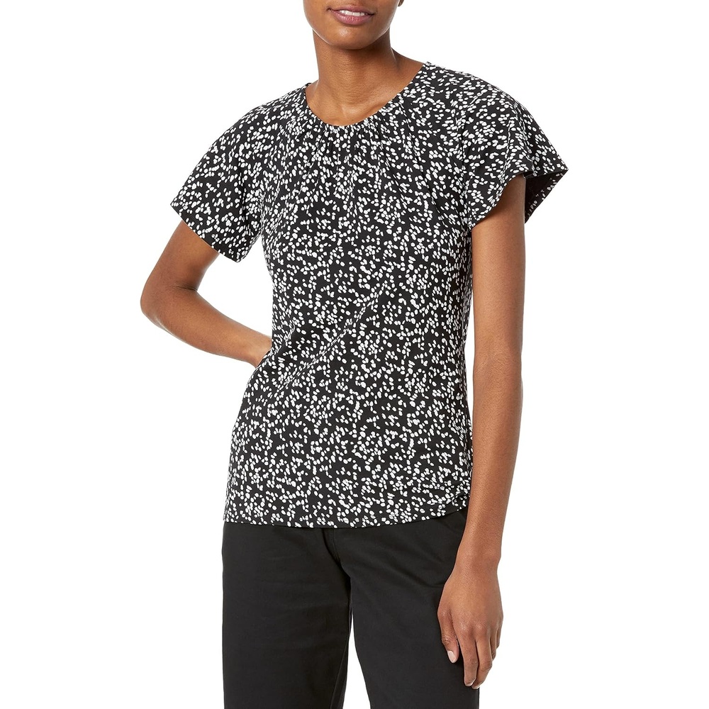 image:imageAmazon Essentials Womens RegularFit Short Flutter Cape Sleeve Crewneck TShirtBlack White Animal Print
