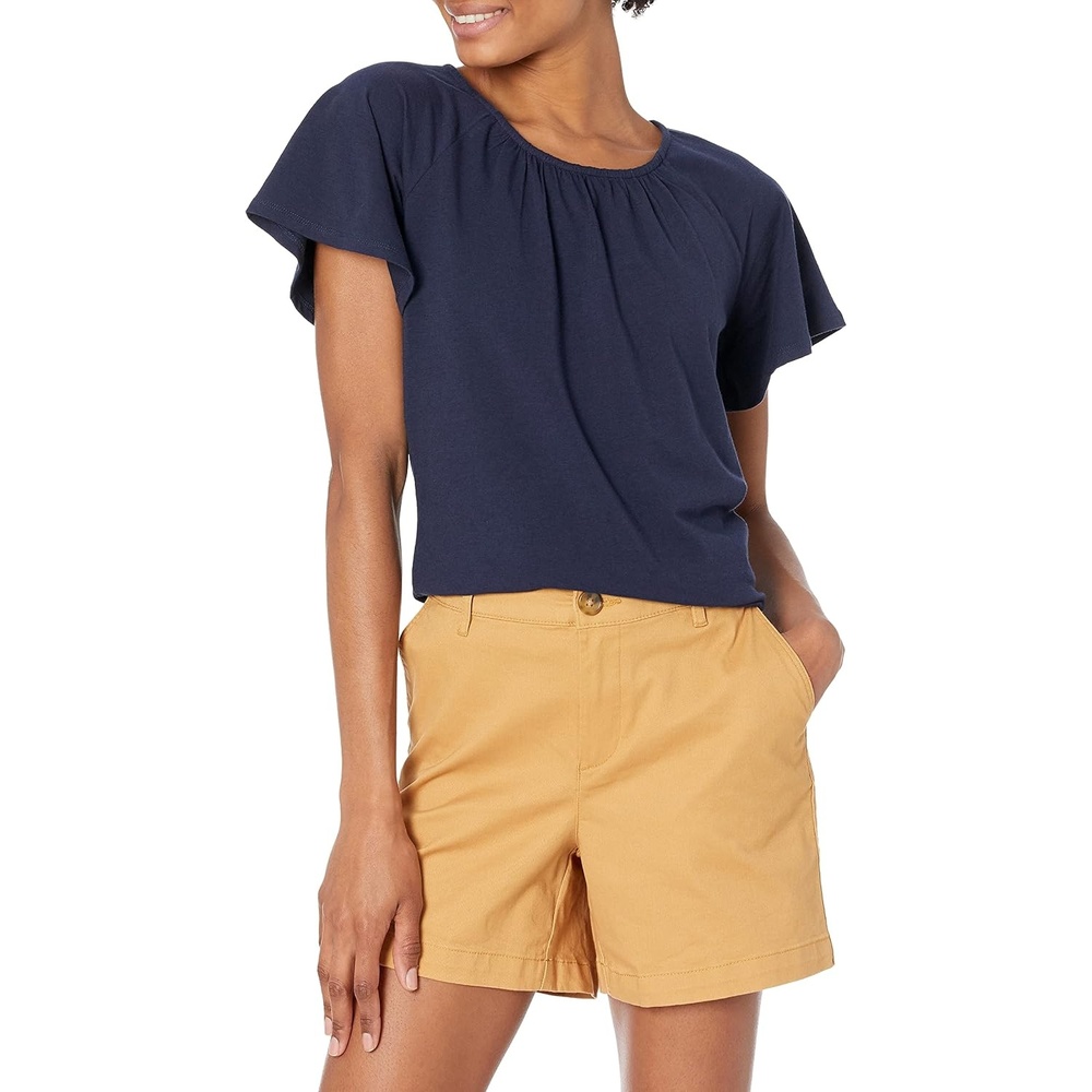 image:imageAmazon Essentials Womens RegularFit Short Flutter Cape Sleeve Crewneck TShirtNavy Blue