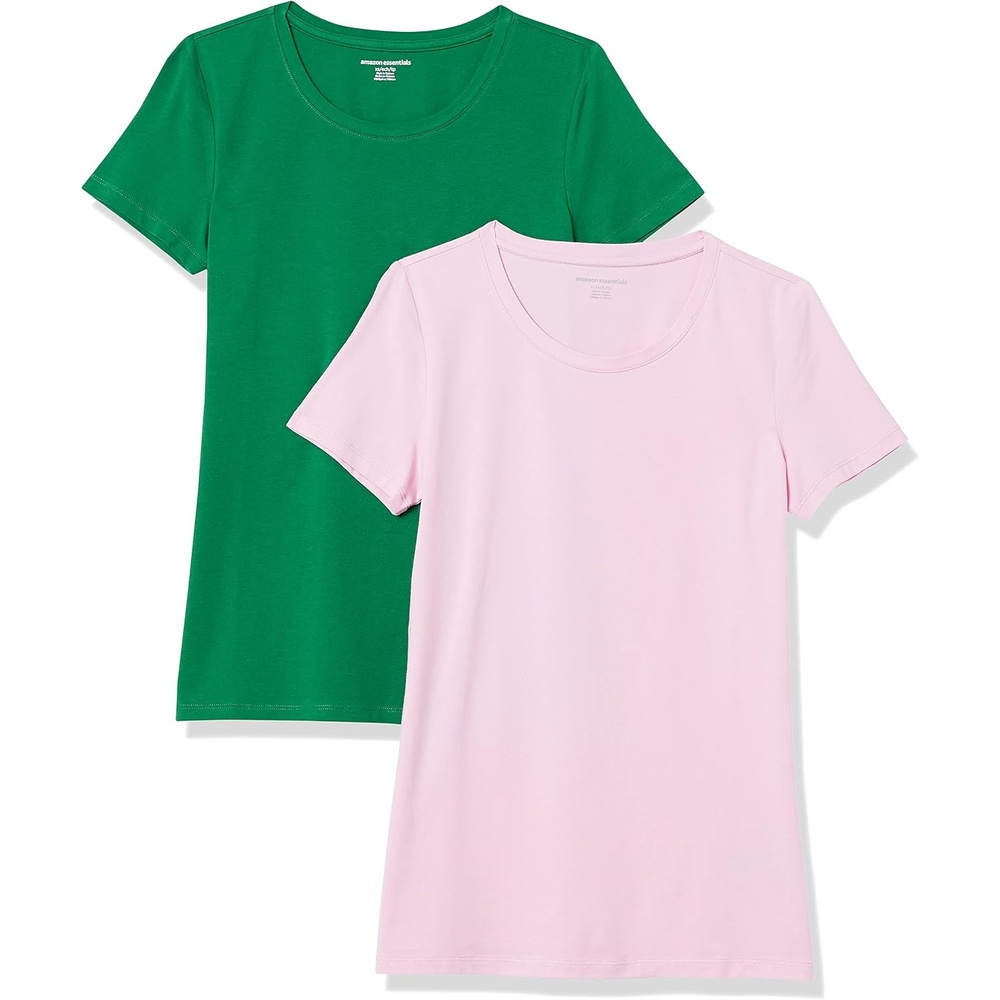 image:imageAmazon Essentials Womens RegularFit ShortSleeve Crewneck TShirt Multipacks2pack GreenLight Pink
