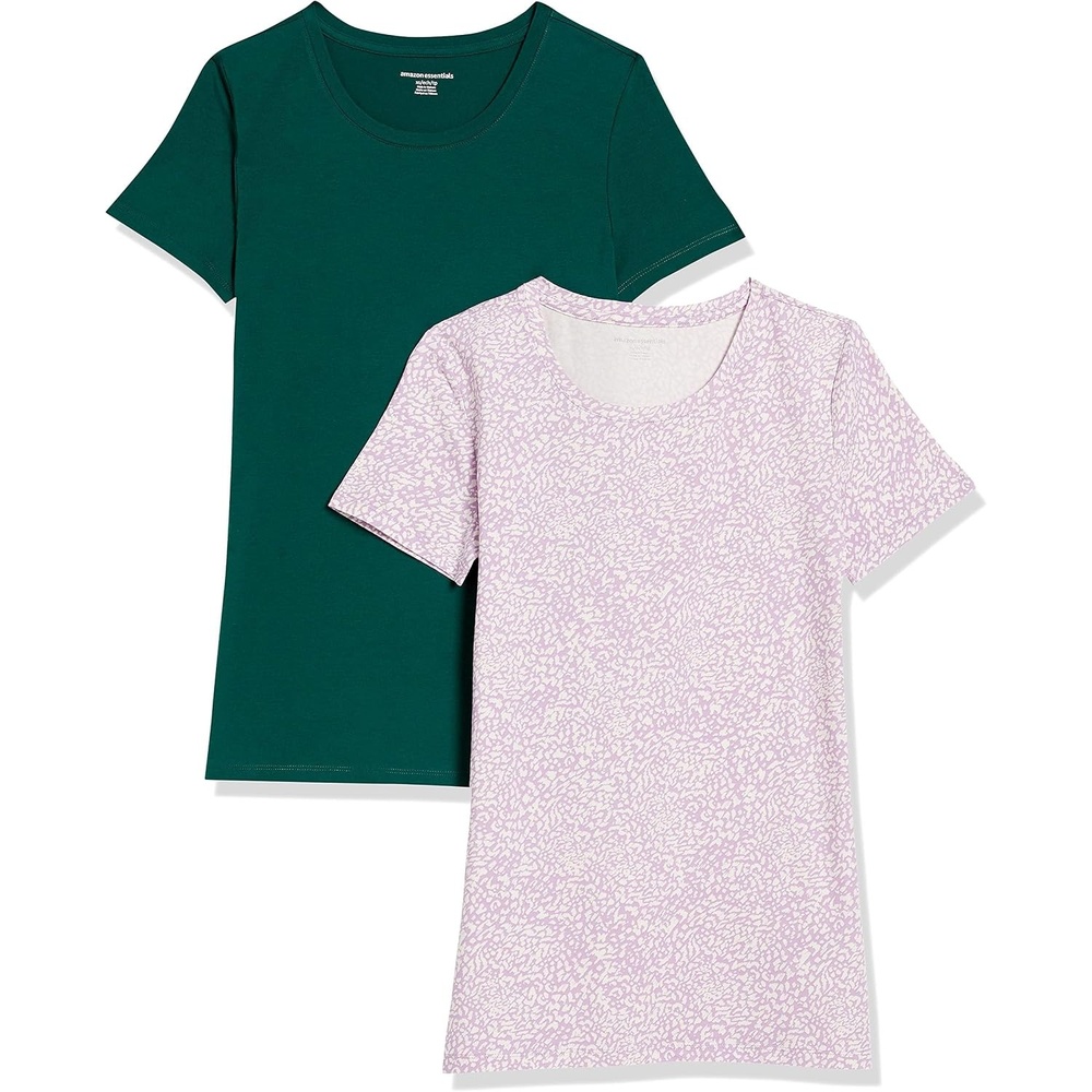 image:imageAmazon Essentials Womens RegularFit ShortSleeve Crewneck TShirt Multipacks2pack LilacWhite Ikat AnimalDark Green