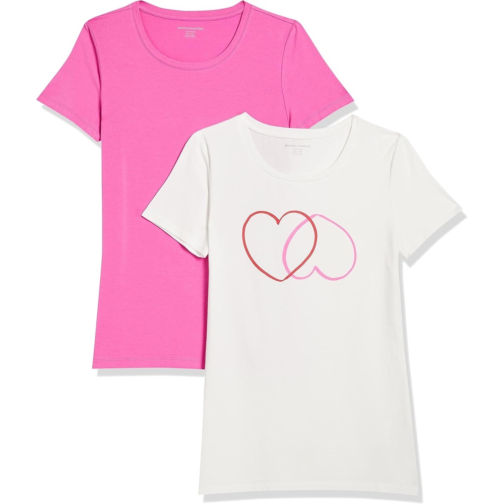 image:imageAmazon Essentials Womens RegularFit ShortSleeve Crewneck TShirt Multipacks2pack Whitetwo HeartsPink