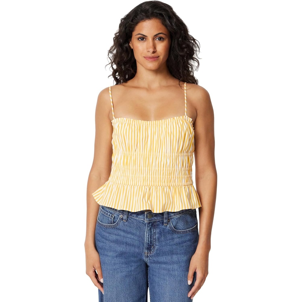 image:imageAmazon Essentials Womens RegularFit Smocked Cotton Stretch Poplin TankGolden Yellow Even Stripe