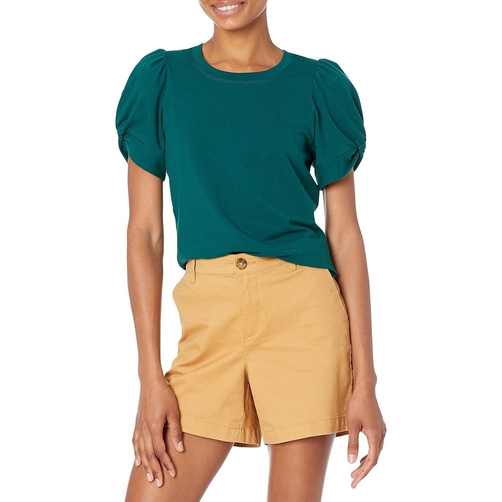 image:imageAmazon Essentials Womens RegularFit Twist Puff Sleeve Crewneck TShirtBotanical Green