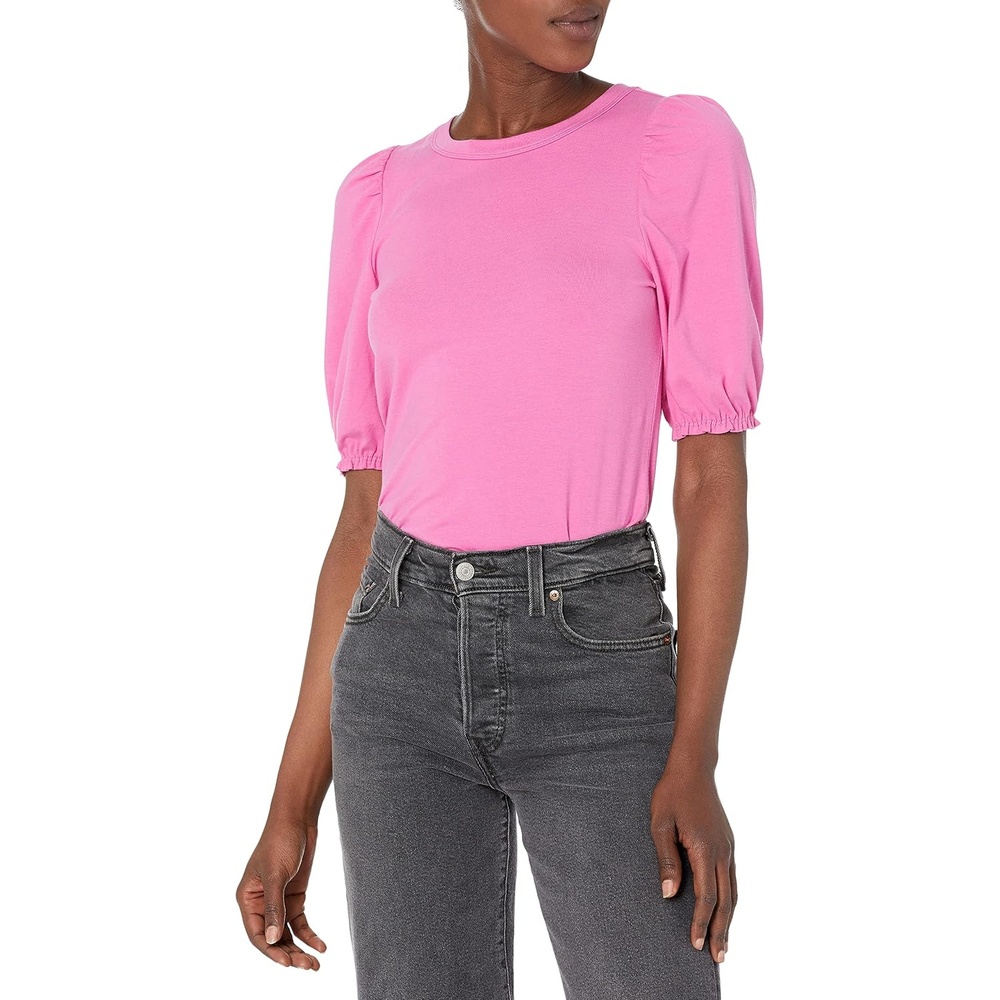 image:imageAmazon Essentials Womens RegularFit Twist Puff Sleeve Crewneck TShirtBright Pink