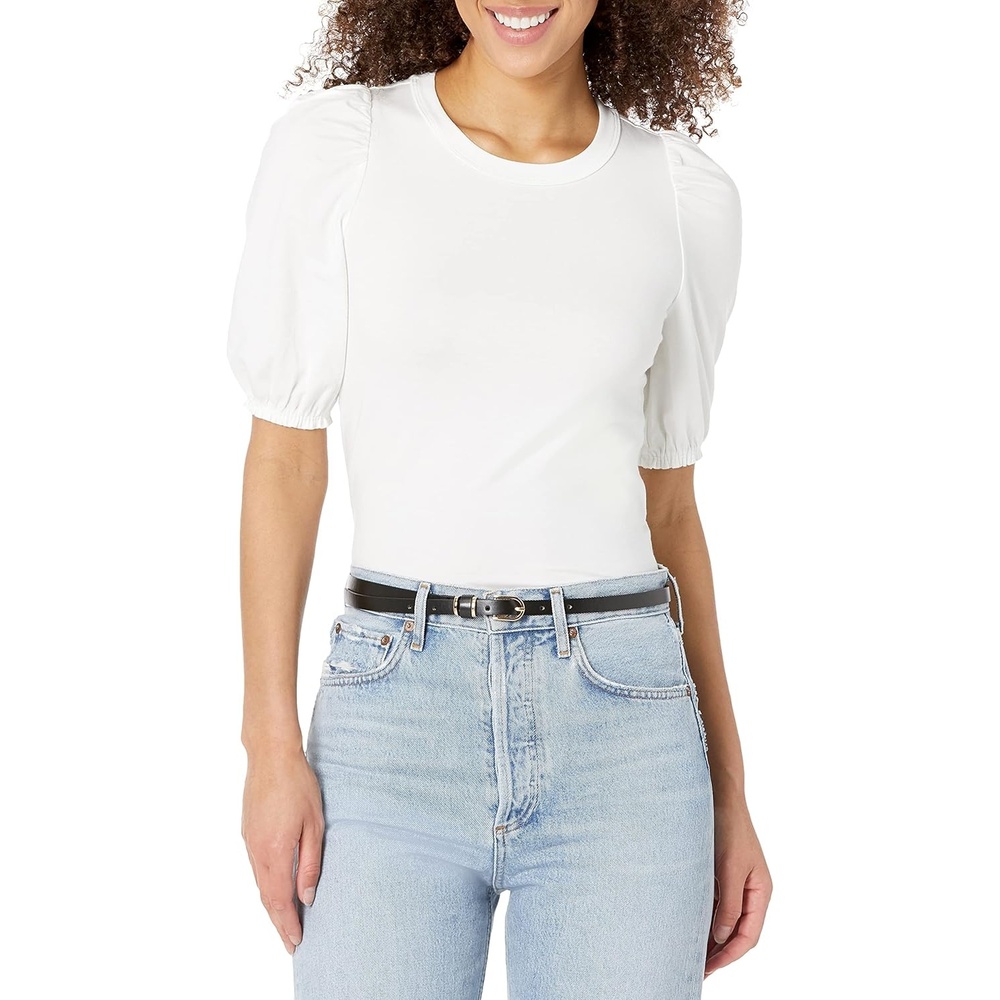 image:imageAmazon Essentials Womens RegularFit Twist Puff Sleeve Crewneck TShirtBright White