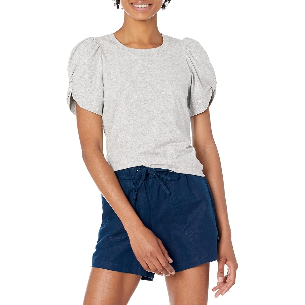 image:imageAmazon Essentials Womens RegularFit Twist Puff Sleeve Crewneck TShirtLight Heather Grey