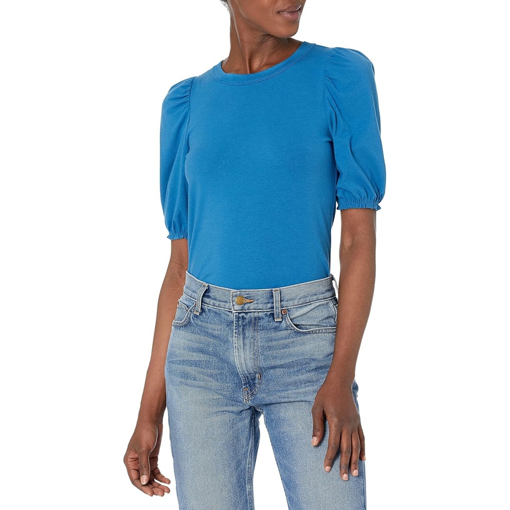 image:imageAmazon Essentials Womens RegularFit Twist Puff Sleeve Crewneck TShirtMid Blue