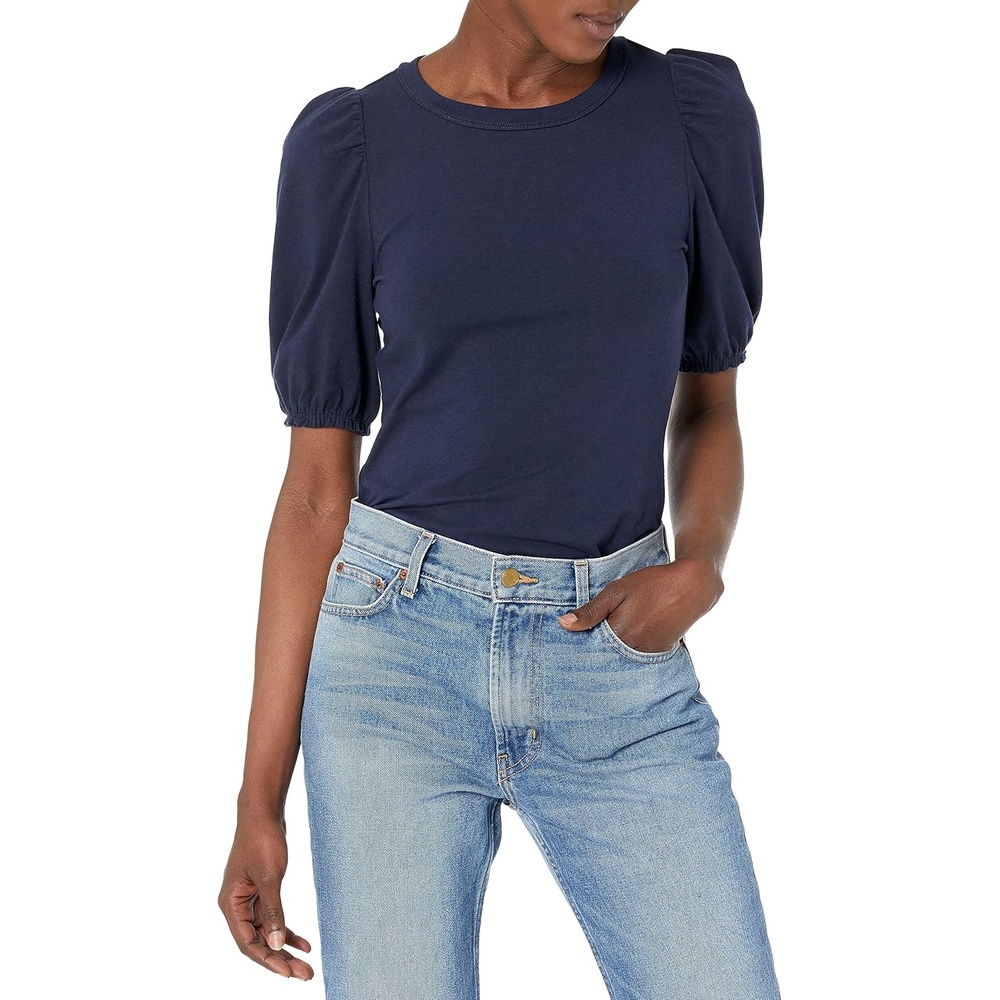 image:imageAmazon Essentials Womens RegularFit Twist Puff Sleeve Crewneck TShirtNavy