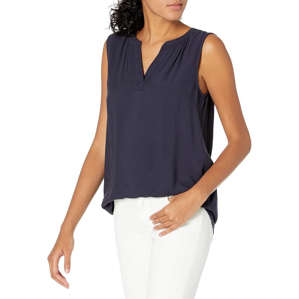 image:imageAmazon Essentials Womens Relaxed Fit Sleeveless VNeck Woven ShirtNavy