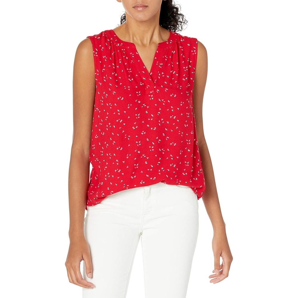 image:imageAmazon Essentials Womens Relaxed Fit Sleeveless VNeck Woven ShirtRed Leaf
