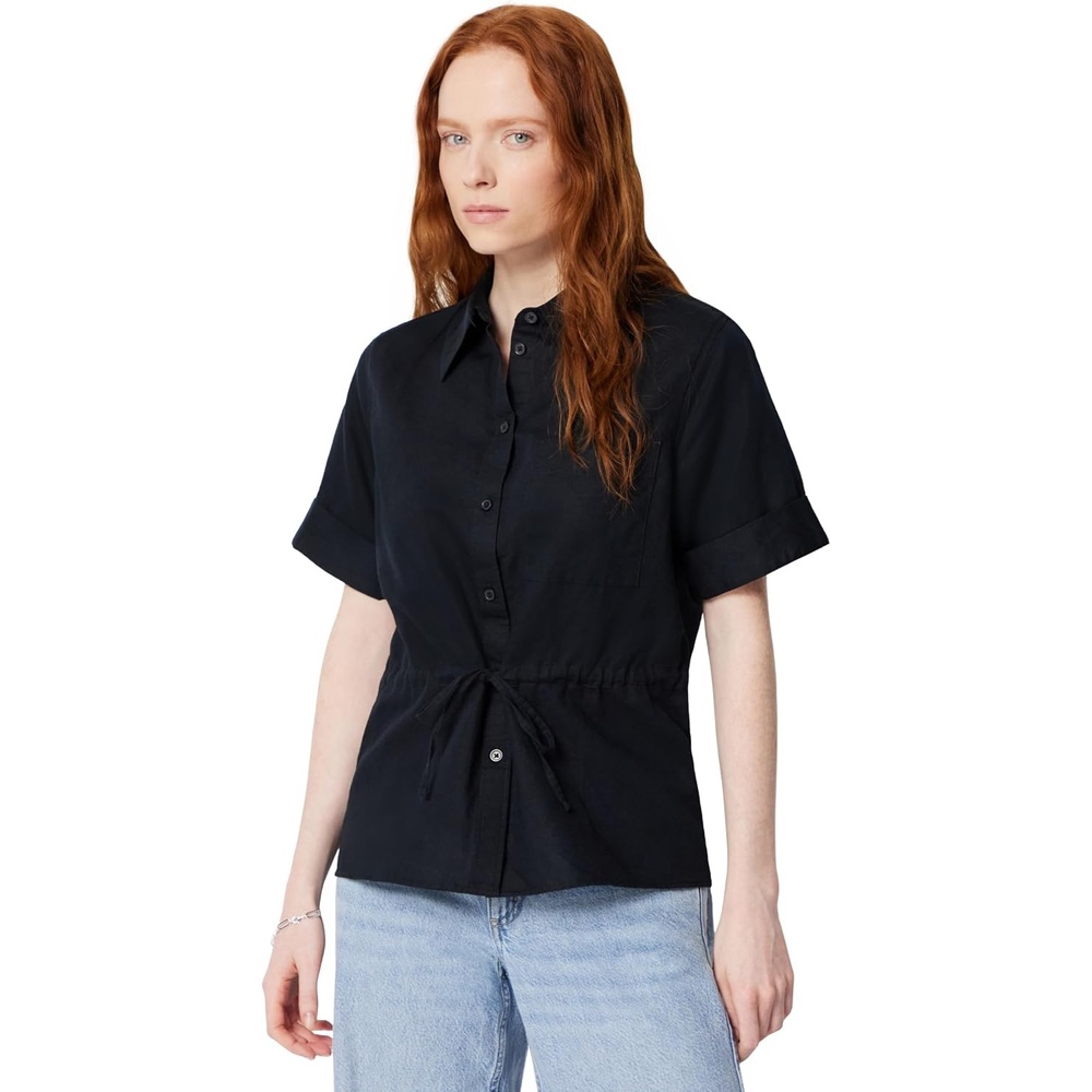 image:imageAmazon Essentials Womens RelaxedFit Linen Blend Wide Sleeve Shirt with Adjustable WaistBlack