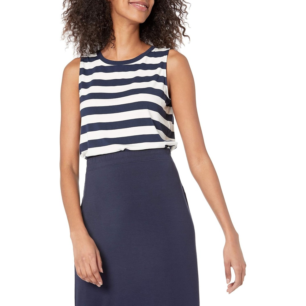image:imageAmazon Essentials Womens RelaxedFit Loose Fit Sleeveless Muscle Tank TopNavy White Placed Stripe