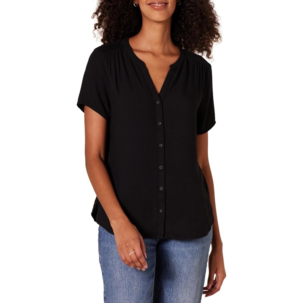image:imageAmazon Essentials Womens RelaxedFit ShortSleeve V Neck ButtonFront Woven Blouse Business Casual Work BlouseBlack