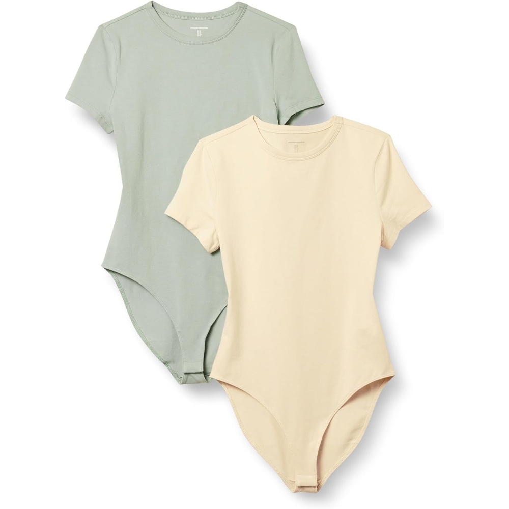 image:imageAmazon Essentials Womens Short Sleeve Crew Neck Stretch Cotton Jersey SlimFit TShirt Bodysuit Pack of 2BeigeLight Sage Green