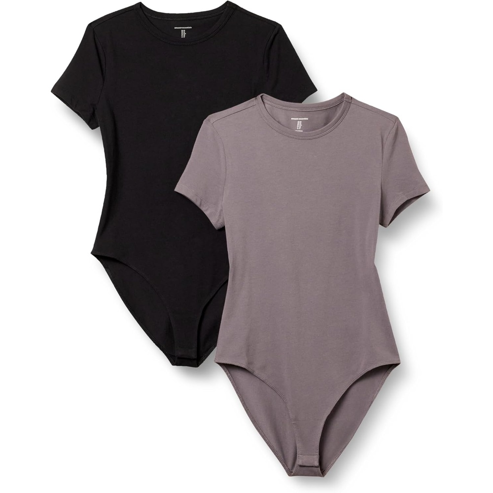 image:imageAmazon Essentials Womens Short Sleeve Crew Neck Stretch Cotton Jersey SlimFit TShirt Bodysuit Pack of 2BlackGrey