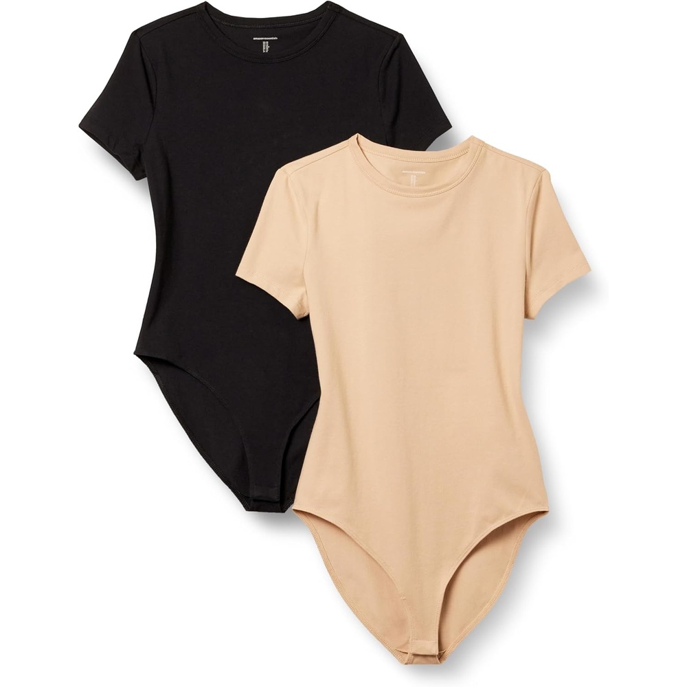 image:imageAmazon Essentials Womens Short Sleeve Crew Neck Stretch Cotton Jersey SlimFit TShirt Bodysuit Pack of 2BlackLight Camel