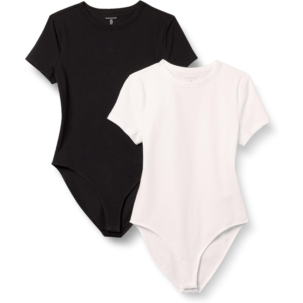 image:imageAmazon Essentials Womens Short Sleeve Crew Neck Stretch Cotton Jersey SlimFit TShirt Bodysuit Pack of 2BlackWhite
