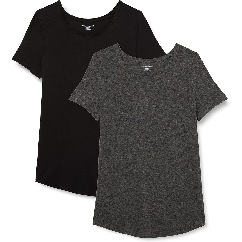 image:imageAmazon Essentials Womens ShortSleeve Scoopneck Tunic Tops TShirt Stretchy Pack of 2Black Charcoal Heather