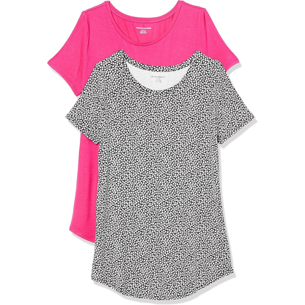 image:imageAmazon Essentials Womens ShortSleeve Scoopneck Tunic Tops TShirt Stretchy Pack of 2Black TulipsBright Pink