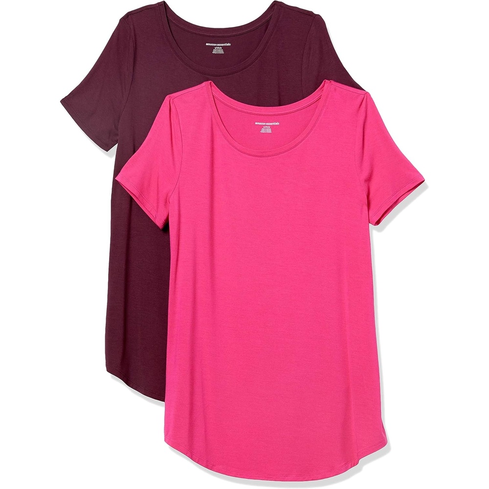 image:imageAmazon Essentials Womens ShortSleeve Scoopneck Tunic Tops TShirt Stretchy Pack of 2Bright PinkBurgundy
