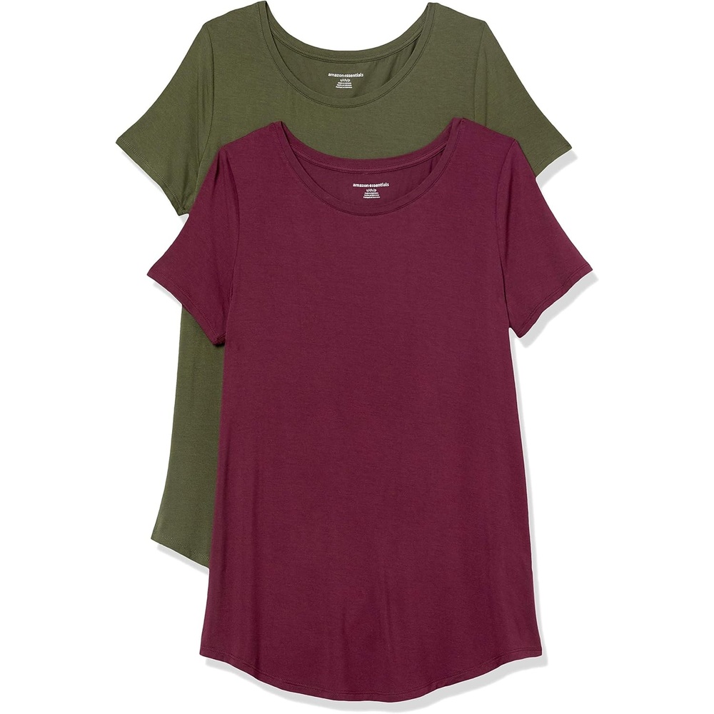 image:imageAmazon Essentials Womens ShortSleeve Scoopneck Tunic Tops TShirt Stretchy Pack of 2BurgundyDark Olive
