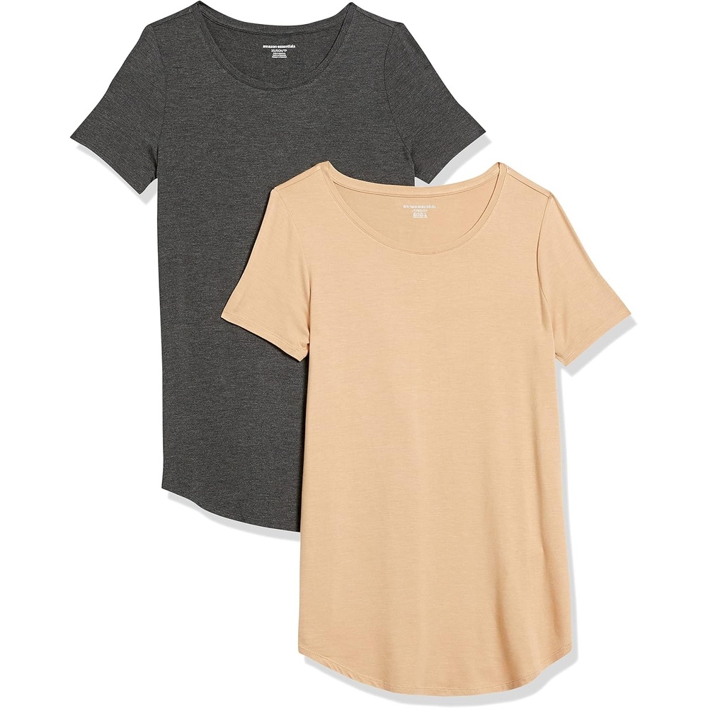 image:imageAmazon Essentials Womens ShortSleeve Scoopneck Tunic Tops TShirt Stretchy Pack of 2Charcoal HeatherLight Camel