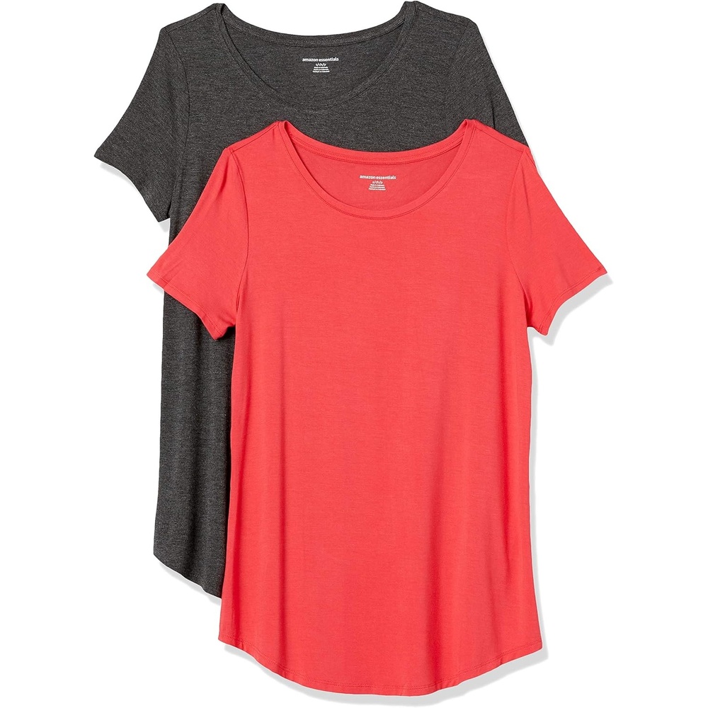 image:imageAmazon Essentials Womens ShortSleeve Scoopneck Tunic Tops TShirt Stretchy Pack of 2Charcoal HeatherRed Coral