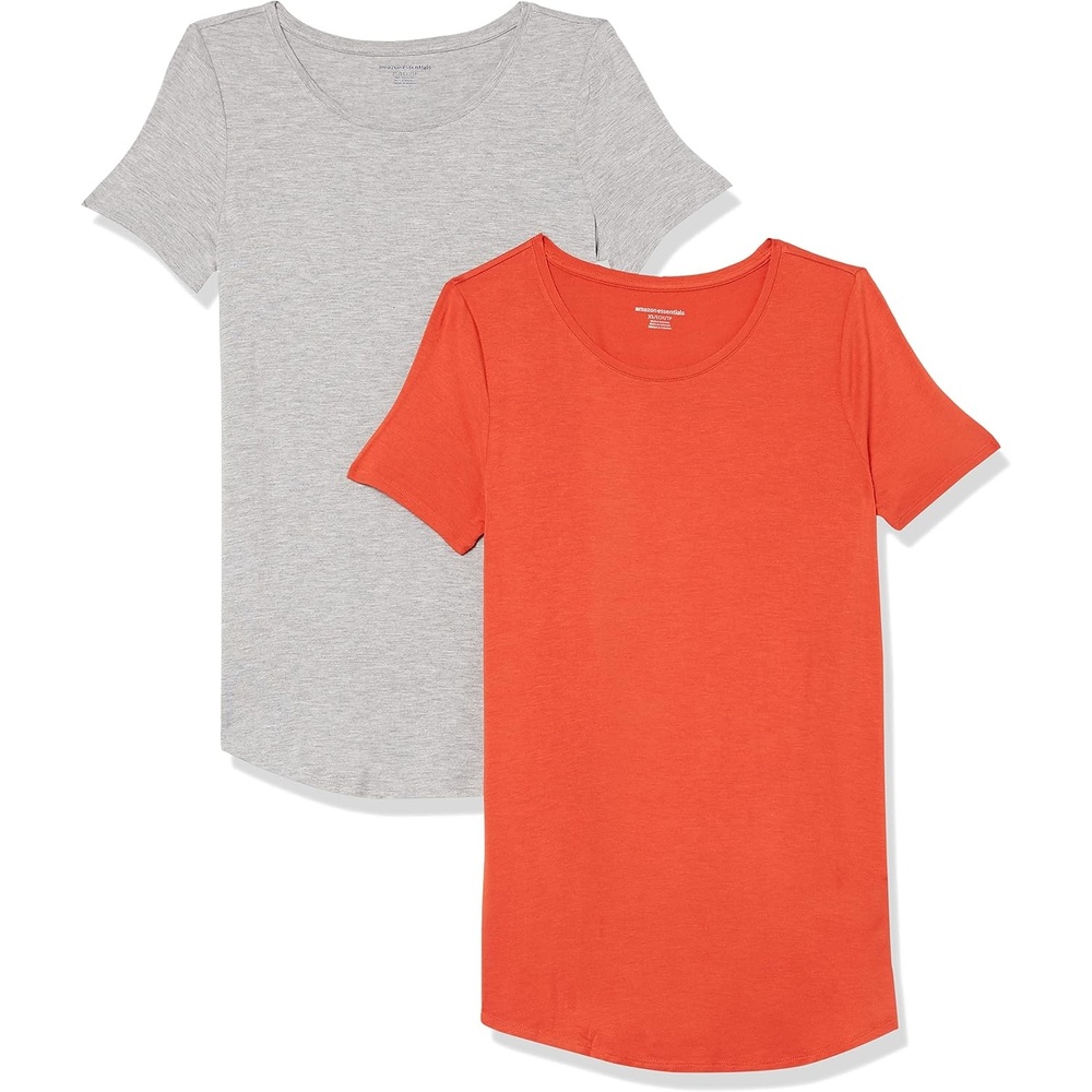 image:imageAmazon Essentials Womens ShortSleeve Scoopneck Tunic Tops TShirt Stretchy Pack of 2Light Grey HeatherTomato Red