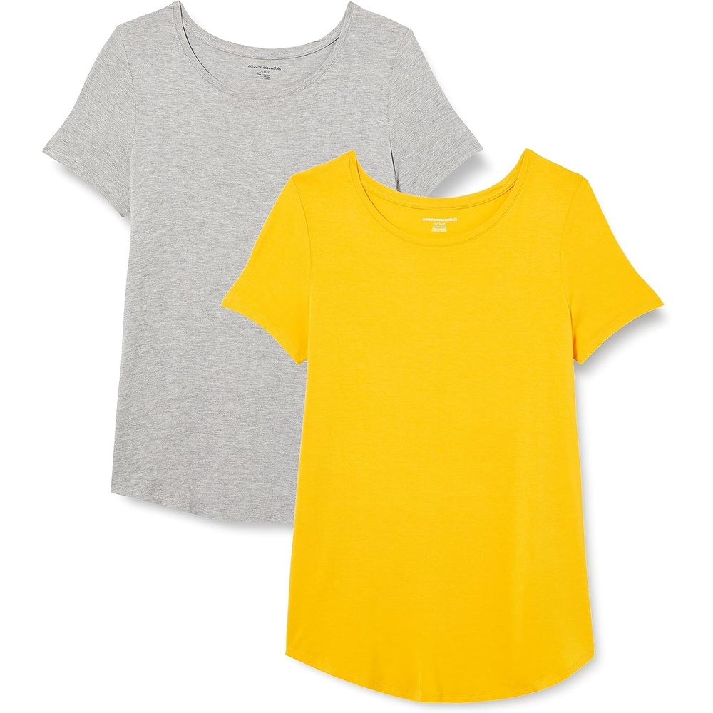 image:imageAmazon Essentials Womens ShortSleeve Scoopneck Tunic Tops TShirt Stretchy Pack of 2Light Heather Grey  Golden Yellow