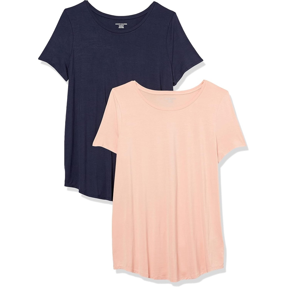 image:imageAmazon Essentials Womens ShortSleeve Scoopneck Tunic Tops TShirt Stretchy Pack of 2Navy Coral Pink