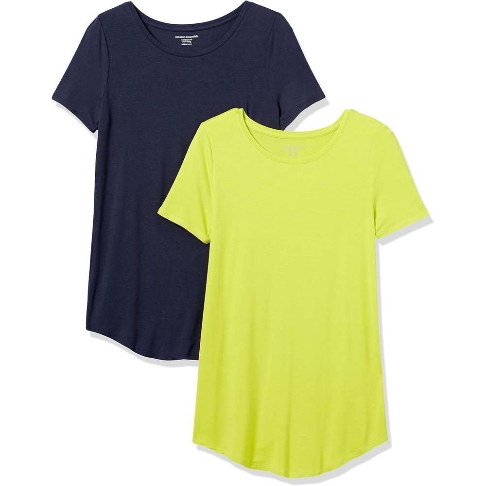 image:imageAmazon Essentials Womens ShortSleeve Scoopneck Tunic Tops TShirt Stretchy Pack of 2NavyLime Green