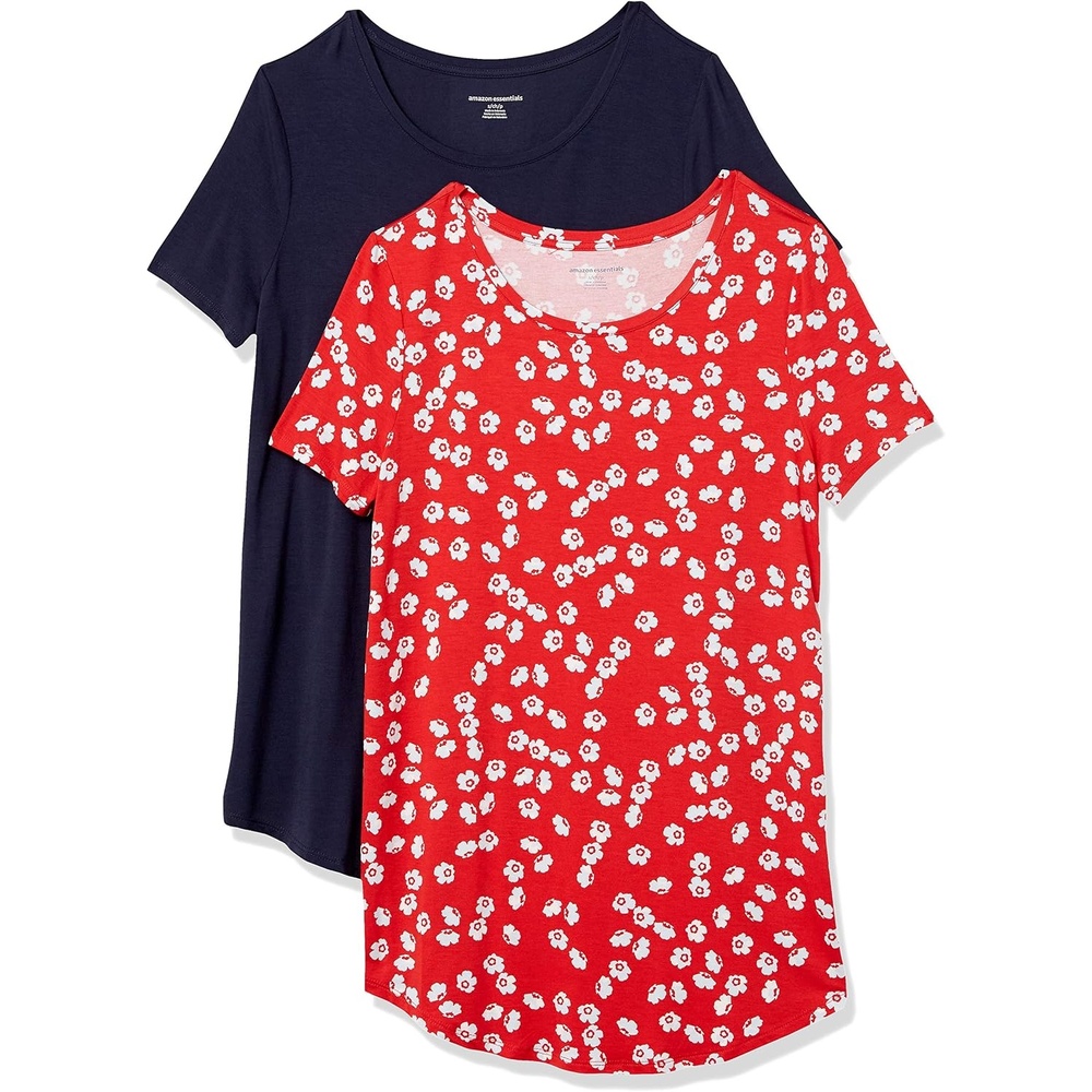 image:imageAmazon Essentials Womens ShortSleeve Scoopneck Tunic Tops TShirt Stretchy Pack of 2Red Tossed PoppyNavy
