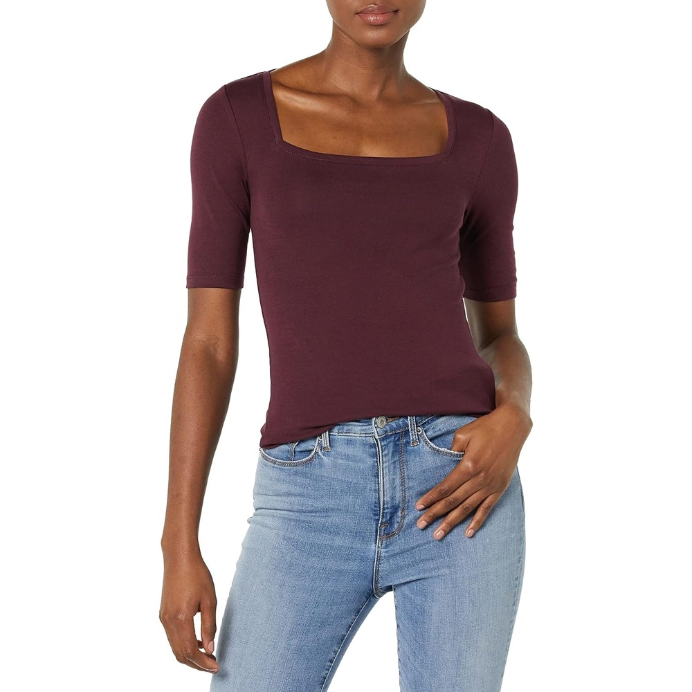 image:imageAmazon Essentials Womens Slim Fit Half Sleeve Square Neck Cotton Modal TShirtBurgundy