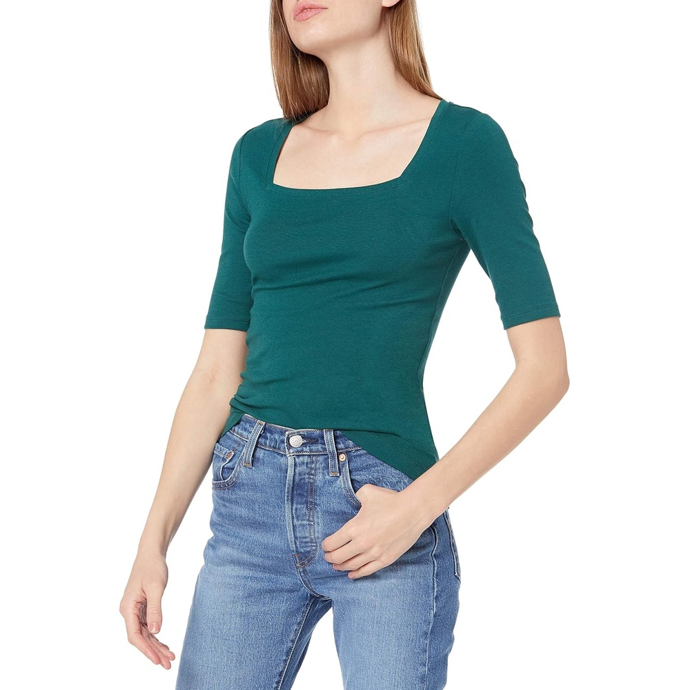 image:imageAmazon Essentials Womens Slim Fit Half Sleeve Square Neck Cotton Modal TShirtGreen Botanical