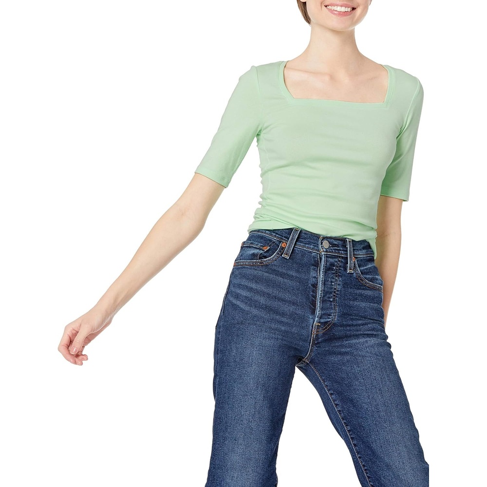 image:imageAmazon Essentials Womens Slim Fit Half Sleeve Square Neck Cotton Modal TShirtLight Green