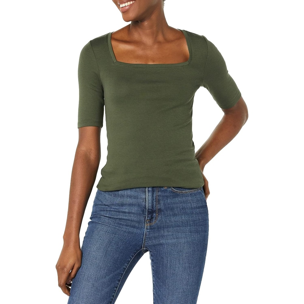 image:imageAmazon Essentials Womens Slim Fit Half Sleeve Square Neck Cotton Modal TShirtOlive