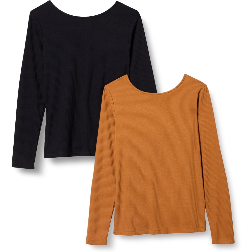 image:imageAmazon Essentials Womens Slim Fit Scoop Back Long Sleeve RibKnit TShirt Soft Stretch Layer Clothes Pack of 2BlackCaramel