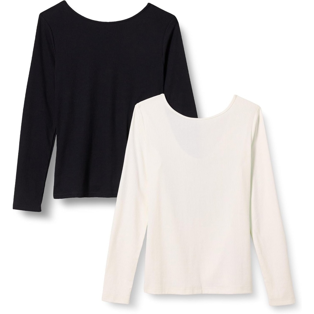 image:imageAmazon Essentials Womens Slim Fit Scoop Back Long Sleeve RibKnit TShirt Soft Stretch Layer Clothes Pack of 2BlackEggshell White