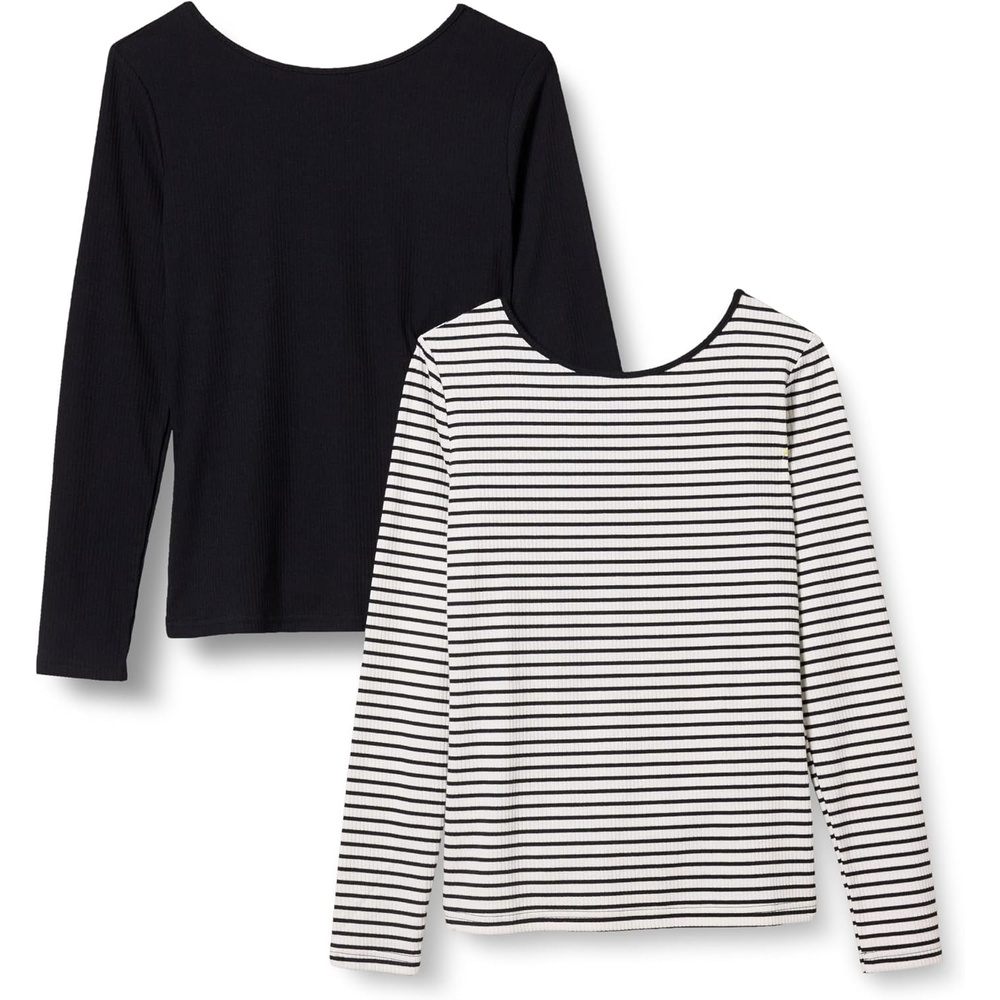 image:imageAmazon Essentials Womens Slim Fit Scoop Back Long Sleeve RibKnit TShirt Soft Stretch Layer Clothes Pack of 2BlackFrench Stripe