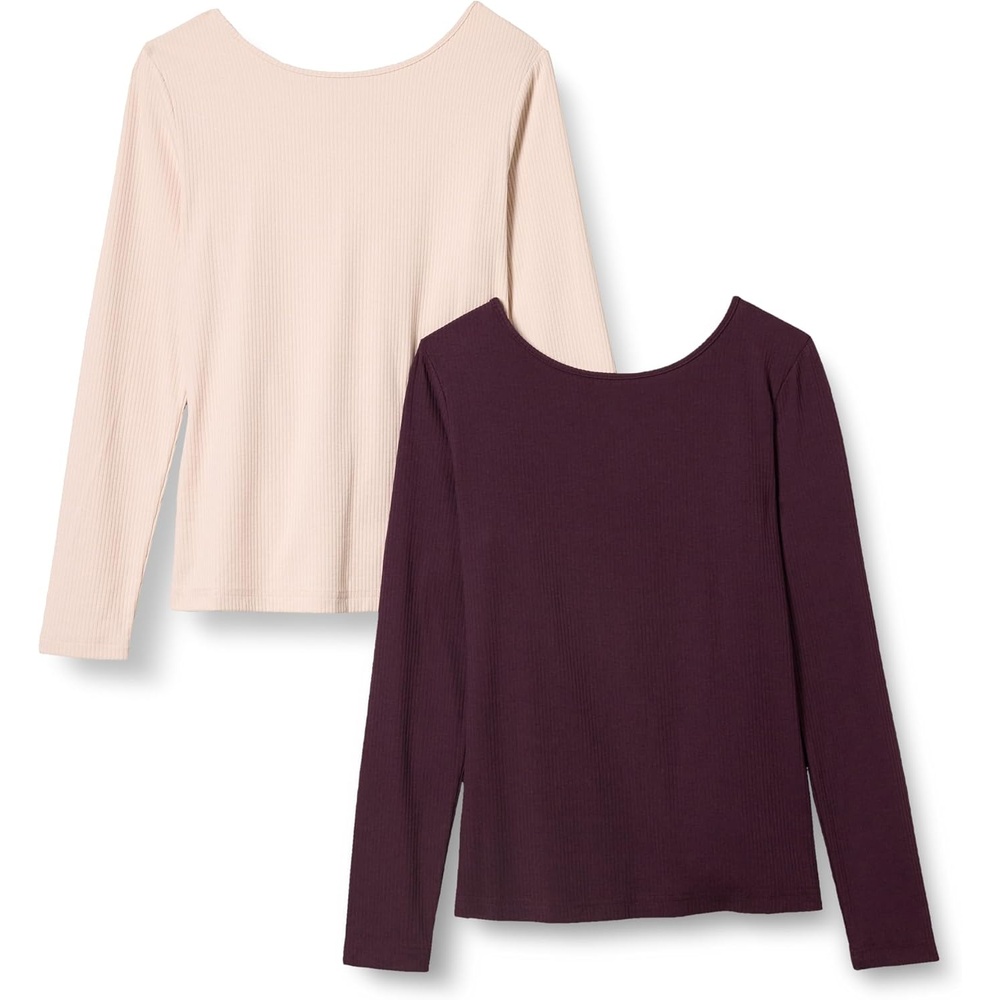 image:imageAmazon Essentials Womens Slim Fit Scoop Back Long Sleeve RibKnit TShirt Soft Stretch Layer Clothes Pack of 2BlushBurgundy