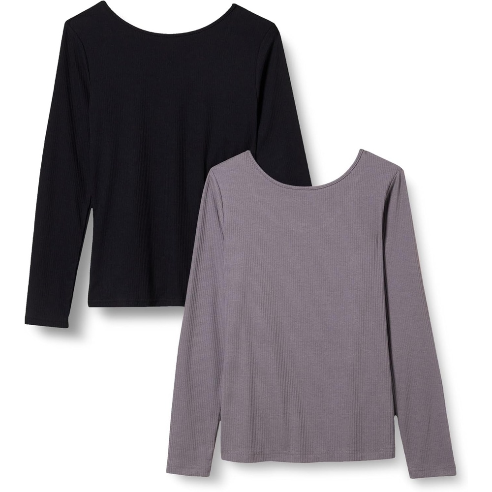 image:imageAmazon Essentials Womens Slim Fit Scoop Back Long Sleeve RibKnit TShirt Soft Stretch Layer Clothes Pack of 2GreyBlack