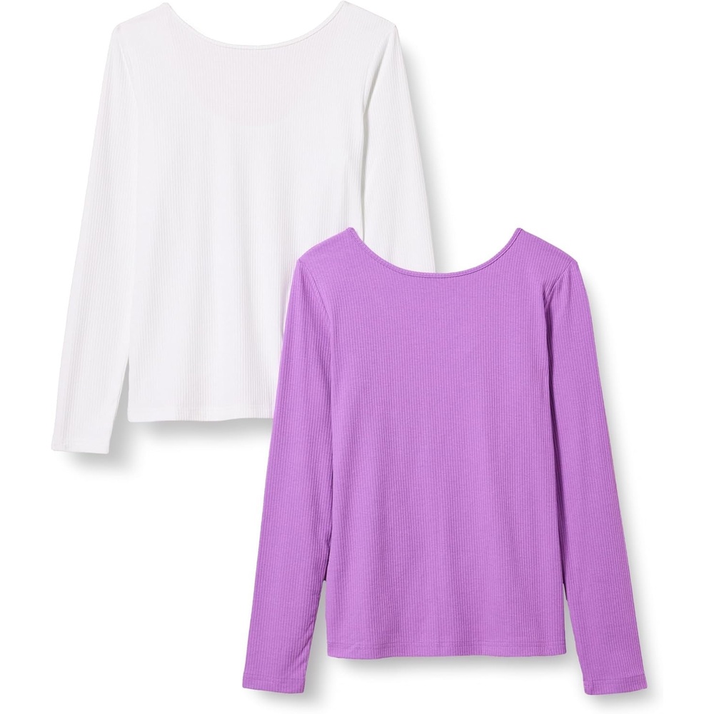 image:imageAmazon Essentials Womens Slim Fit Scoop Back Long Sleeve RibKnit TShirt Soft Stretch Layer Clothes Pack of 2PurpleWhite