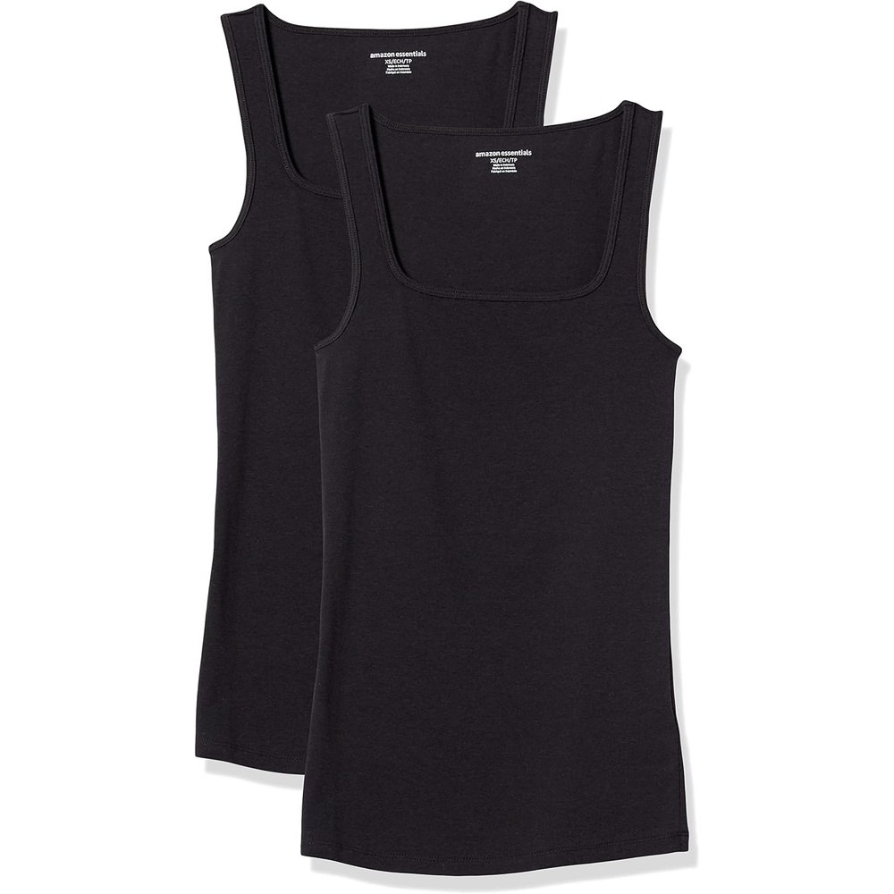 image:imageAmazon Essentials Womens Slim Fit Square Neck Ribbed Tank Tops with Stretch Pack of 2BlackBlack