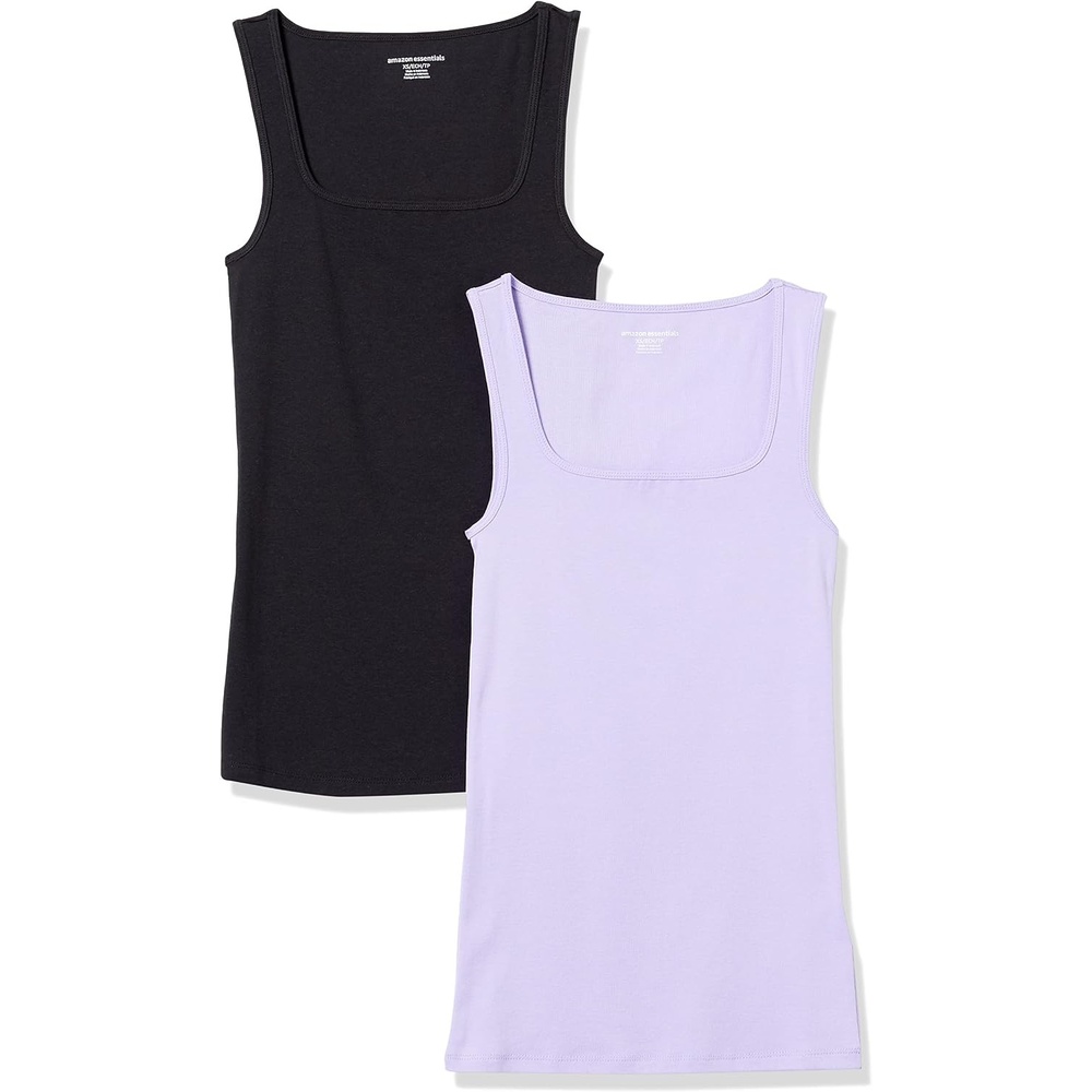 image:imageAmazon Essentials Womens Slim Fit Square Neck Ribbed Tank Tops with Stretch Pack of 2BlackLavender